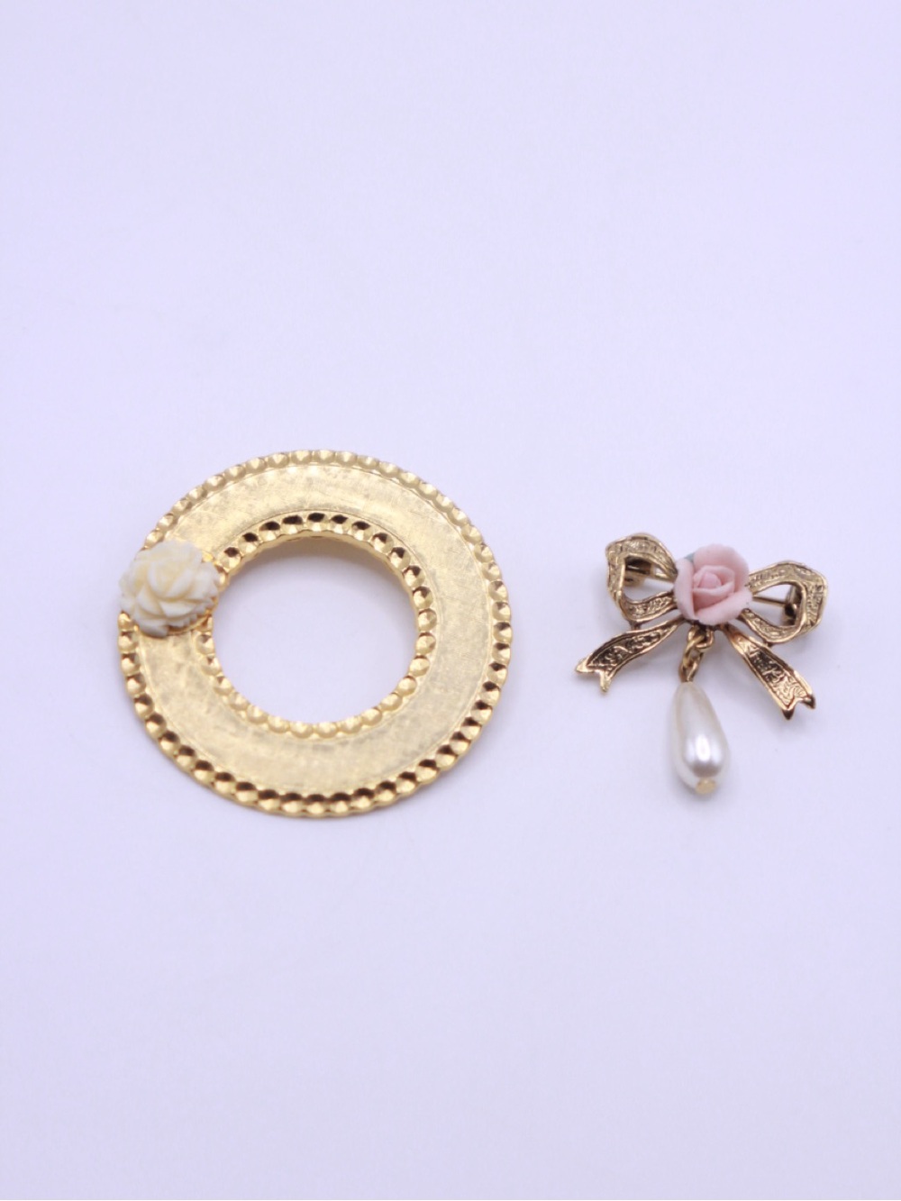 Delicate Gold Bow & Pearl Drop Brooch with Pink Rose Accent